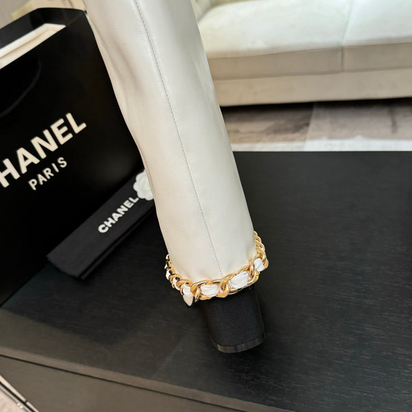 CC 25B High Boots White Sheepskin With Chain Black Grosgrain 373811