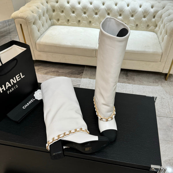 CC 25B High Boots White Sheepskin With Chain Black Grosgrain 373811