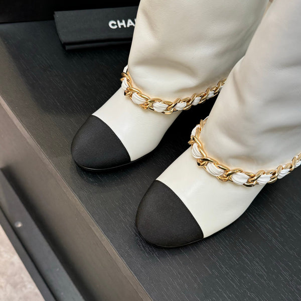 CC 25B High Boots White Sheepskin With Chain Black Grosgrain 373811