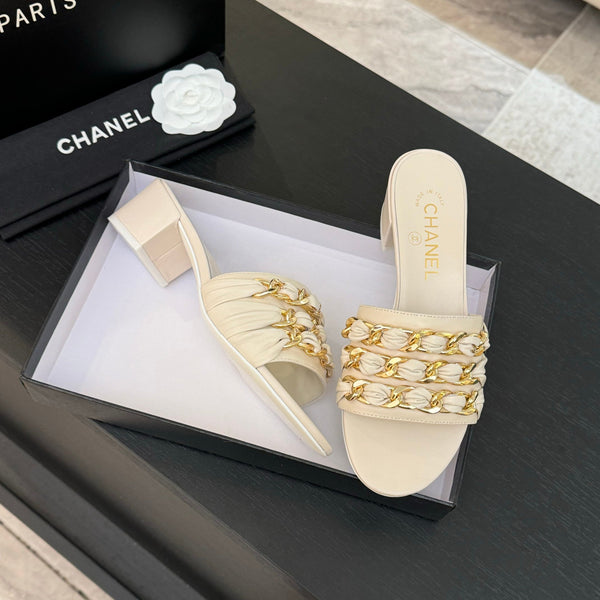 CC 25B Heel Mule Sandals 50mm Ivory Sheepskin With Chain 373817