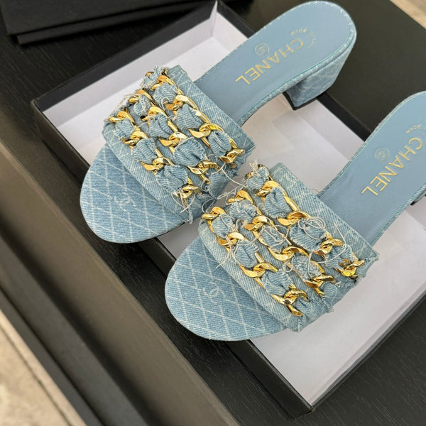 CC 25B Heel Mule Sandals 50mm Light Blue Denim With Chain 373820