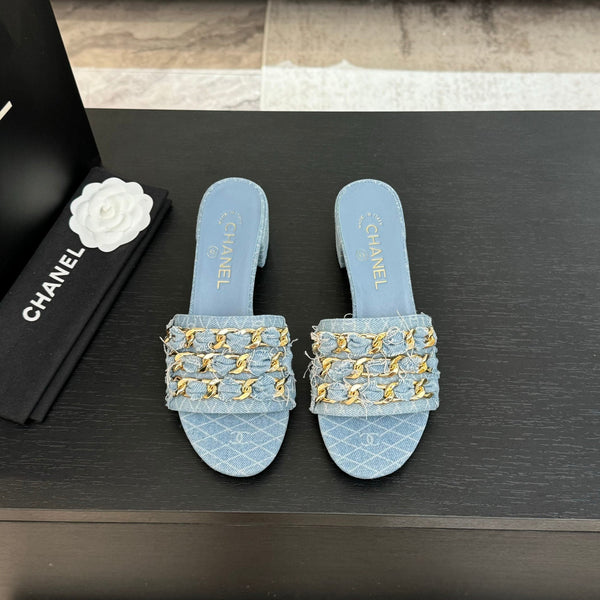 CC 25B Heel Mule Sandals 50mm Light Blue Denim With Chain 373820