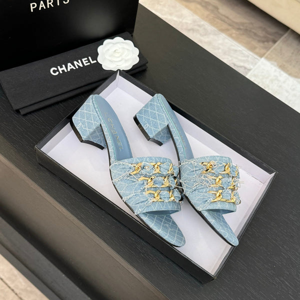CC 25B Heel Mule Sandals 50mm Light Blue Denim With Chain 373820