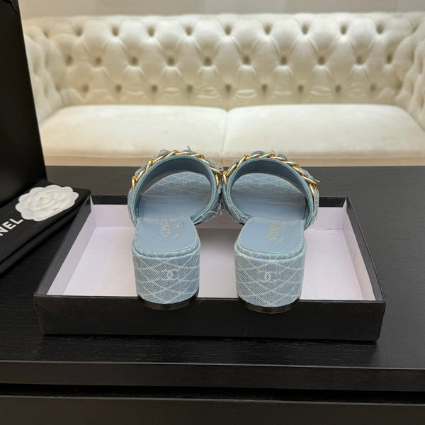 CC 25B Heel Mule Sandals 50mm Light Blue Denim With Chain 373820