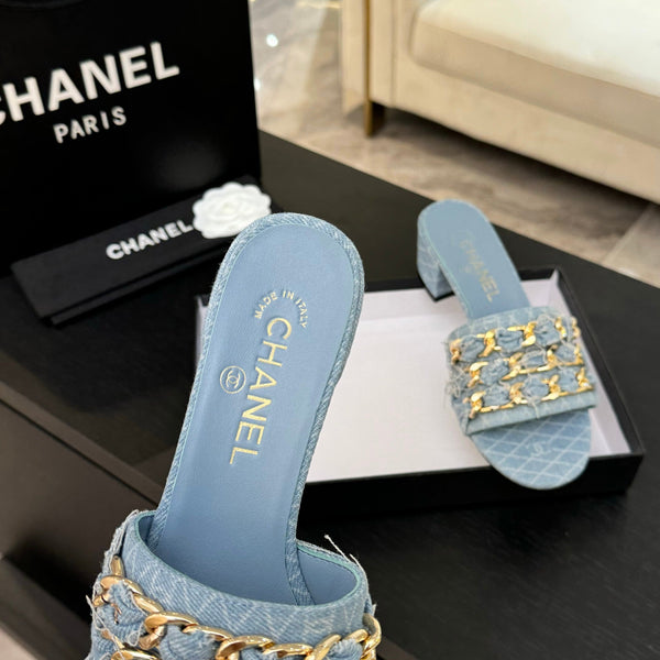 CC 25B Heel Mule Sandals 50mm Light Blue Denim With Chain 373820