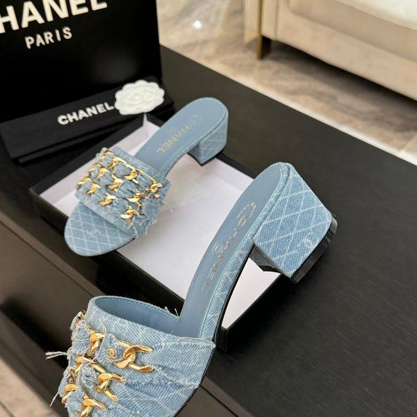 CC 25B Heel Mule Sandals 50mm Light Blue Denim With Chain 373820