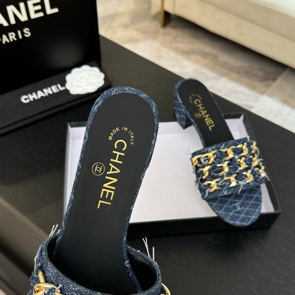 CC 25B Heel Mule Sandals 50mm Navy Blue Denim With Chain 373821