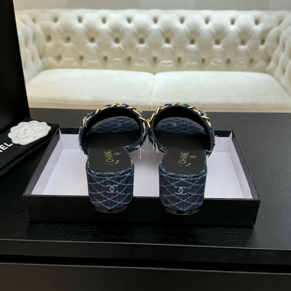 CC 25B Heel Mule Sandals 50mm Navy Blue Denim With Chain 373821