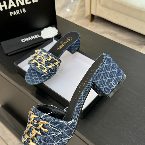 CC 25B Heel Mule Sandals 50mm Navy Blue Denim With Chain 373821