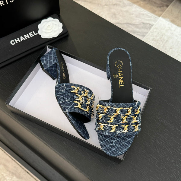 CC 25B Heel Mule Sandals 50mm Navy Blue Denim With Chain 373821