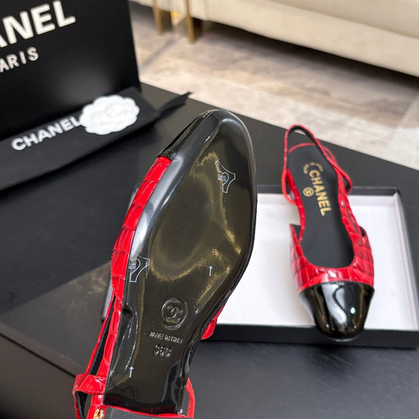CC 26s Classic Slingback Flat Black Red Crocodile Embossed Patent Leather 907634
