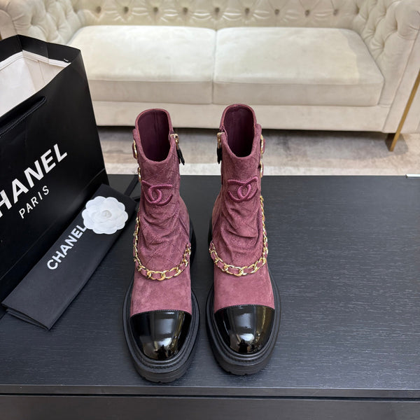CC 26s Combat Boots Quilted Burgundy Suede Black Patent Calfskin 957757