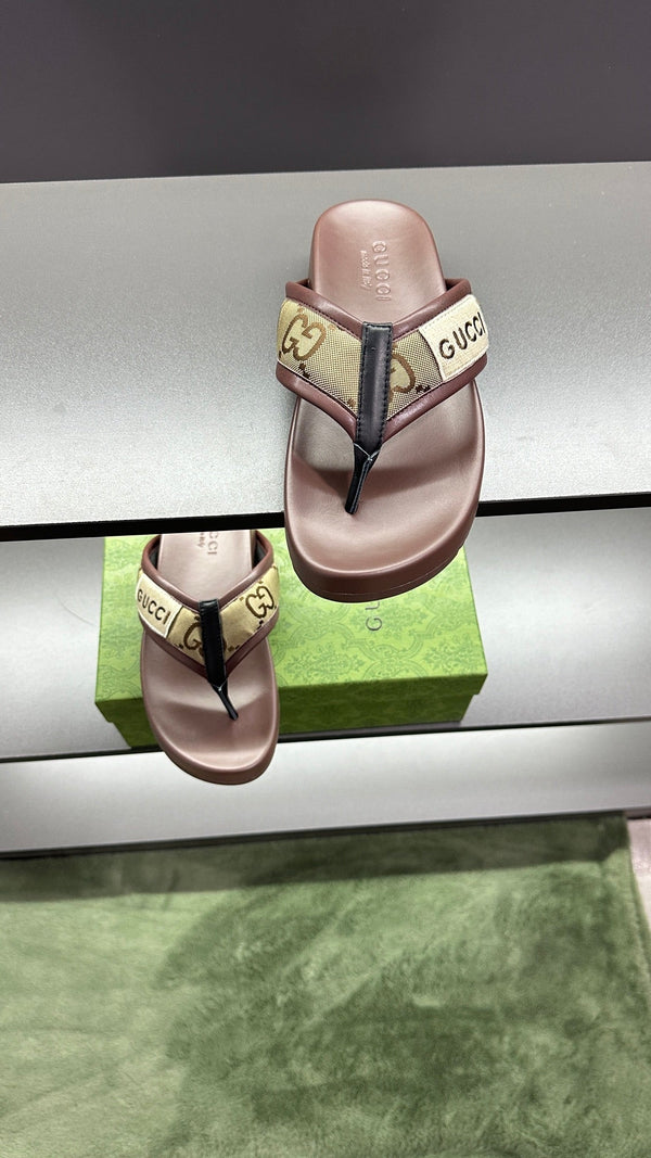 GG Men's Thong Sandals Brown Polyester Leather 547251