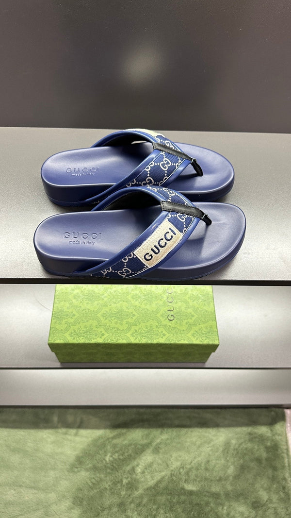 GG Men's Thong Sandals Blue Polyester Leather 547248
