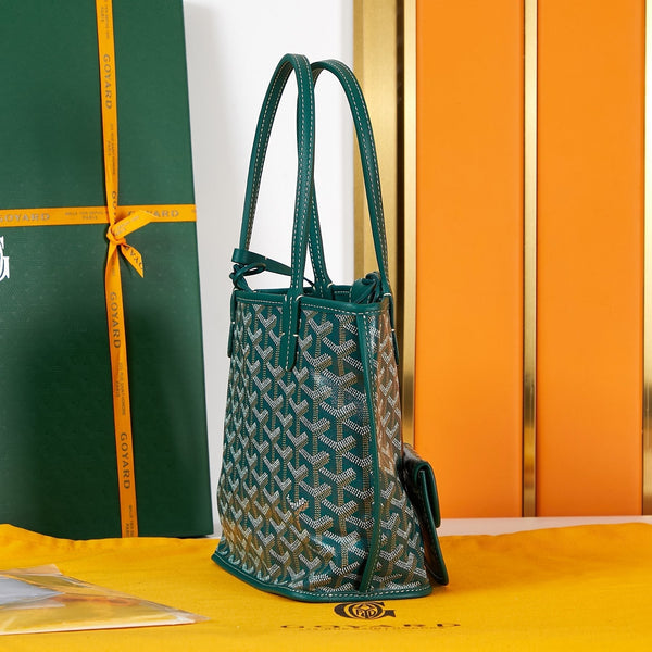 BORSA ANJOU MINI 20 IN TELA GOYARDINE VERDE E PELLE DI VITELLO CON PATCH CARTONI ANIMATI