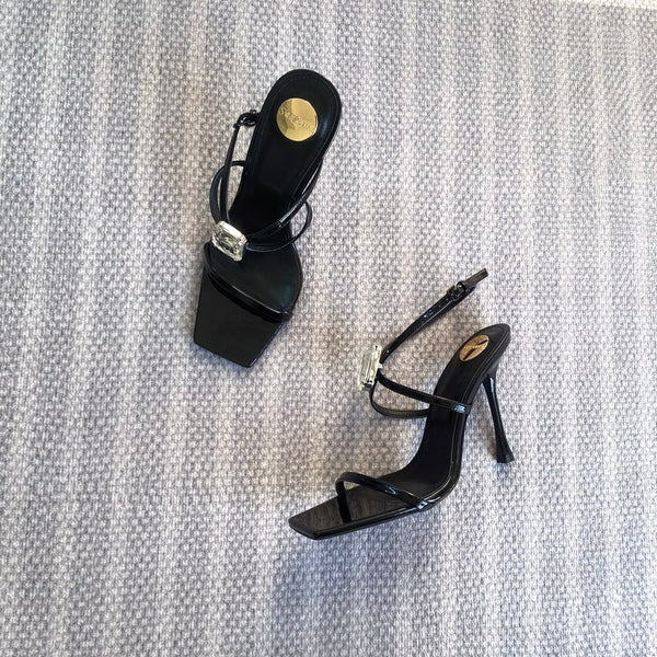 HIGH MULES WITH GEM IN BLACK GLOSSY CALFSKIN