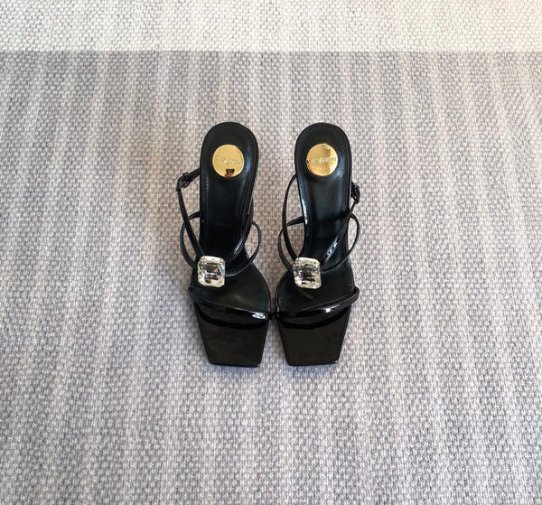 HIGH MULES WITH GEM IN BLACK GLOSSY CALFSKIN