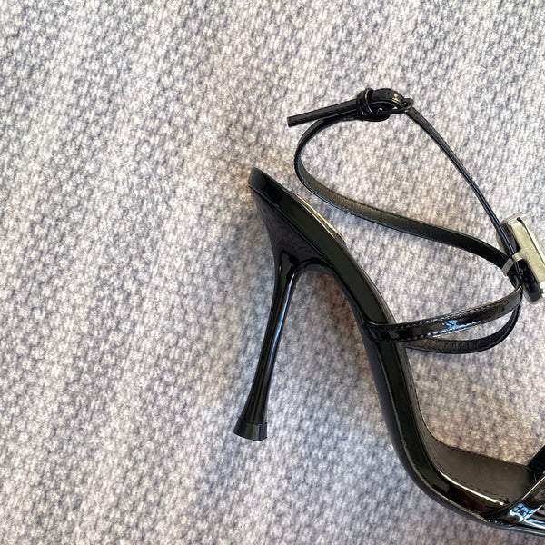 HIGH MULES WITH GEM IN BLACK GLOSSY CALFSKIN