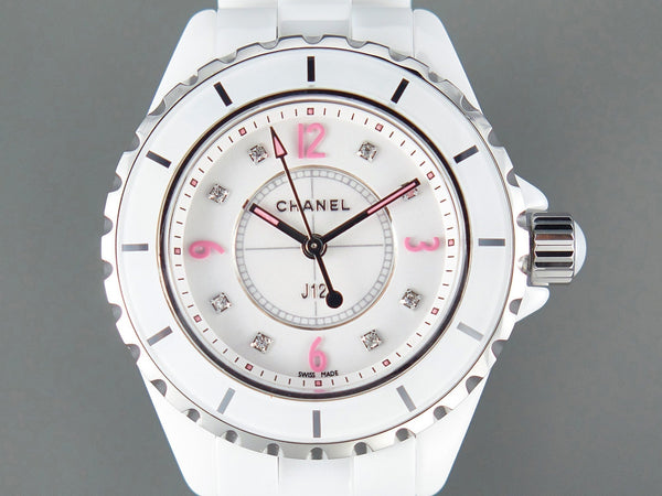 J12 Quartz White Ceramic Pink Diamond Numerals White Dial