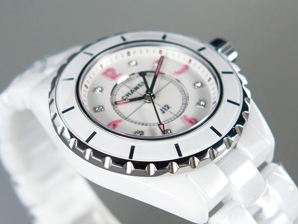 J12 Quartz White Ceramic Pink Diamond Numerals White Dial