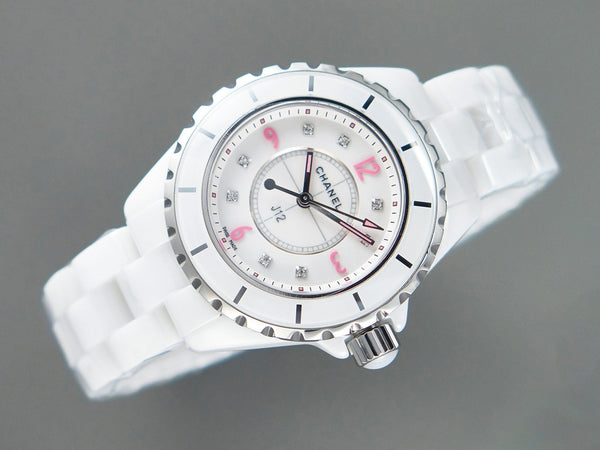 J12 Quartz White Ceramic Pink Diamond Numerals White Dial