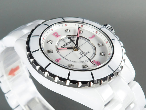J12 Automatic White Ceramic Pink Diamond Numerals White Dial