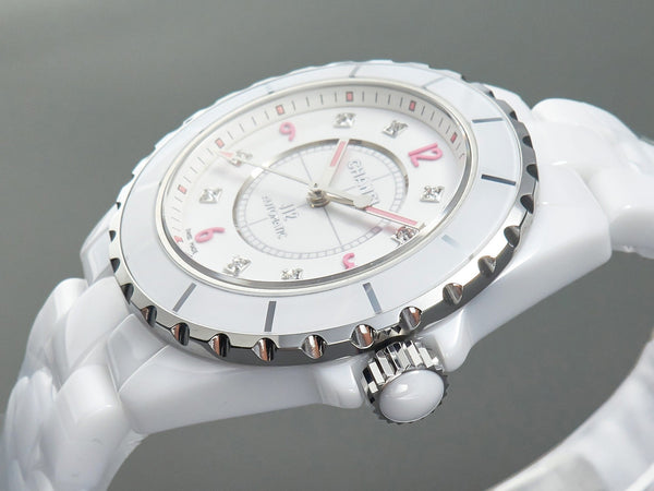 J12 Automatic White Ceramic Pink Diamond Numerals White Dial