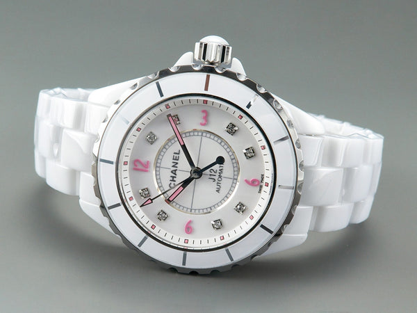 J12 Automatic White Ceramic Pink Diamond Numerals White Dial