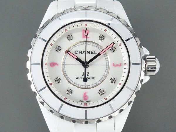 J12 Automatic White Ceramic Pink Diamond Numerals White Dial