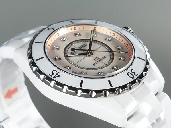 J12 Automatico in ceramica bianca con numeri di diamanti e quadrante rosa