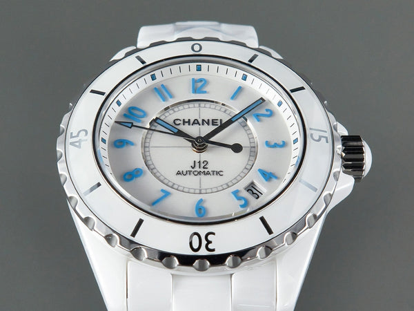 J12 Date Automatico Ceramica Bianca Numeri Blu Quadrante Bianco