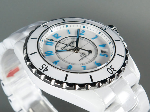 J12 Date Automatico Ceramica Bianca Numeri Blu Quadrante Bianco