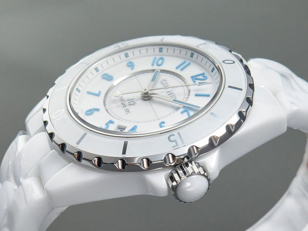 J12 Date Automatico Ceramica Bianca Numeri Blu Quadrante Bianco