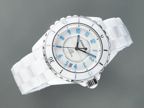 J12 Date Automatico Ceramica Bianca Numeri Blu Quadrante Bianco