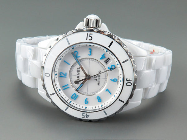 J12 Date Automatico Ceramica Bianca Numeri Blu Quadrante Bianco