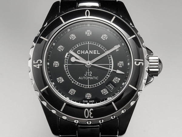 J12 Date Automatic Black Ceramic Diamond Numerals Black Dial White Steel Hands