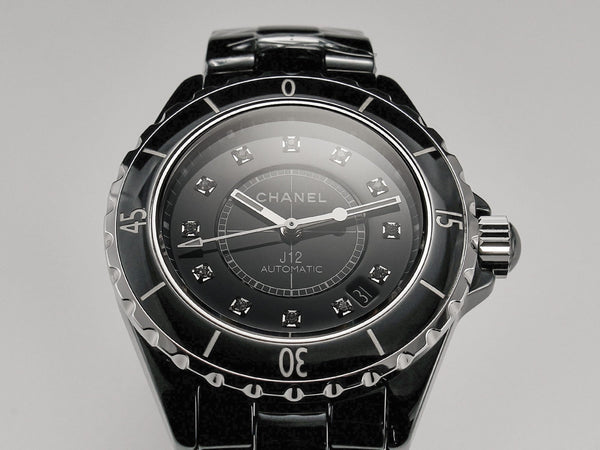 J12 Date Automatic Black Ceramic Diamond Numerals Black Dial White Steel Hands