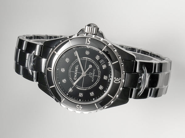 J12 Date Automatic Black Ceramic Diamond Numerals Black Dial White Steel Hands