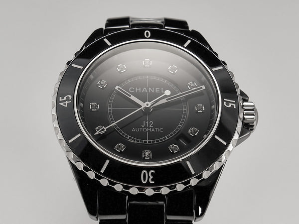 J12 Date Automatic Black Ceramic Diamond Numerals Black Dial Black Steel Hands
