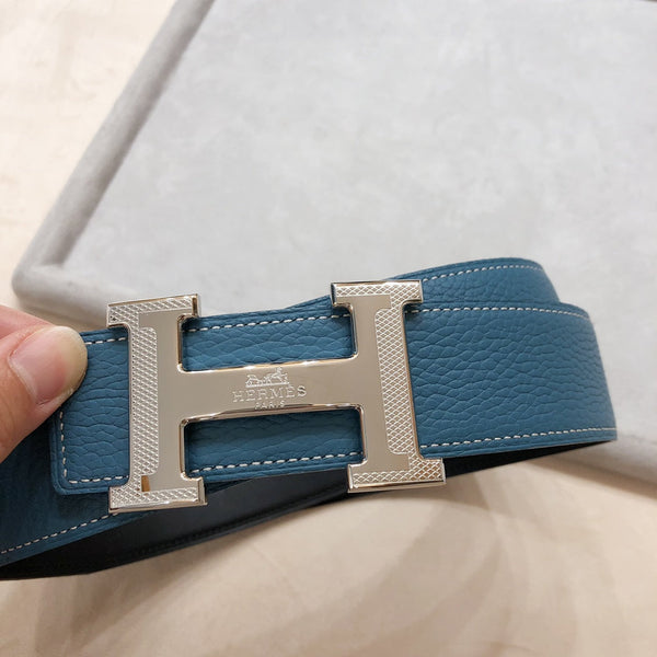 FIBBIA PER CINTURA HM H D'ANCRE E CINTURINO REVERSIBILE IN PELLE BLU-VERDE 38 MM FERRAMENTA IN ARGENTO