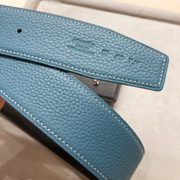 FIBBIA PER CINTURA HM H D'ANCRE E CINTURINO REVERSIBILE IN PELLE BLU-VERDE 38 MM FERRAMENTA IN ARGENTO