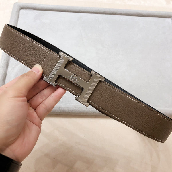 FIBBIA PER CINTURA HM H D'ANCRE E CINTURINO REVERSIBILE IN PELLE MARRONE CAFFÈ 38 MM FERRAMENTA ARGENTO