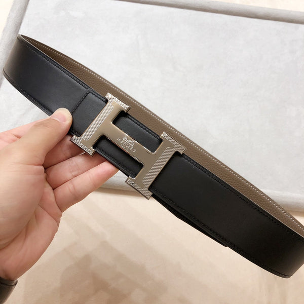 FIBBIA PER CINTURA HM H D'ANCRE E CINTURINO REVERSIBILE IN PELLE MARRONE CAFFÈ 38 MM FERRAMENTA ARGENTO