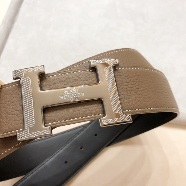 FIBBIA PER CINTURA HM H D'ANCRE E CINTURINO REVERSIBILE IN PELLE MARRONE CAFFÈ 38 MM FERRAMENTA ARGENTO