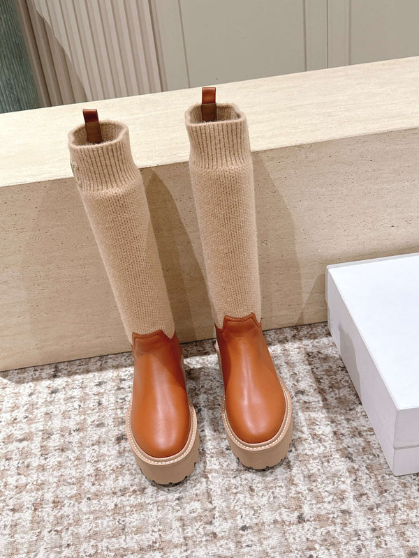 LV Celine Margaret Chelsea Boots Orange Beige Calfskin and Woolen Fabric 532985