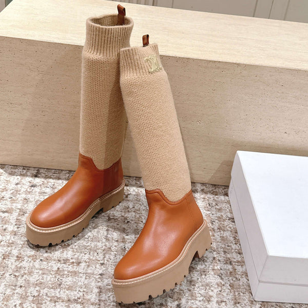 LV Celine Margaret Chelsea Boots Orange Beige Calfskin and Woolen Fabric 532985