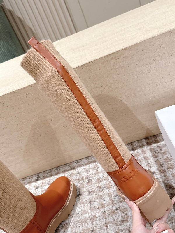 LV Celine Margaret Chelsea Boots Orange Beige Calfskin and Woolen Fabric 532985