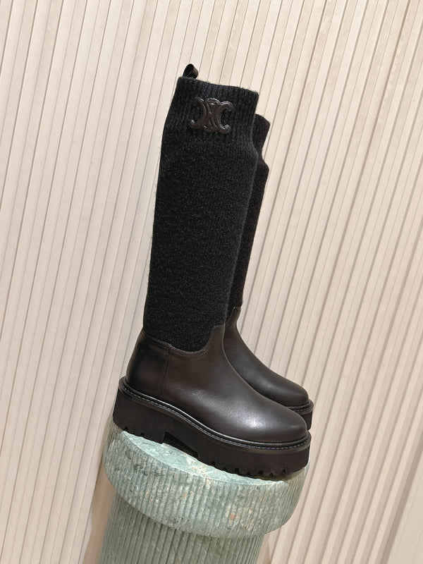 LV Celine Margaret Chelsea Boots Dark Brown Calfskin and Woolen Fabric 532986