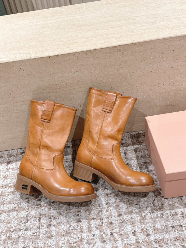 MiuMiu's 26SS Runway Slouch Boots Organge Leather 533044