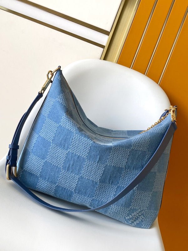 LV Vagabond Hobo 38cm Blue Cotton with 3D Damier Denim GHW